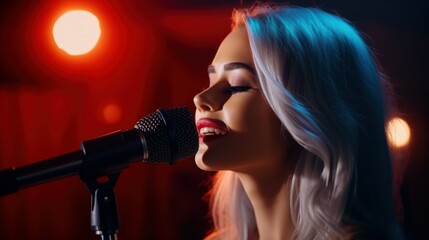 young woman a girl sings on stage with a microphone in her hands. close-up portrait with concert light