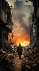 vertical a small child with his back to the camera looks at the destroyed city and the explosions of bombs and rockets