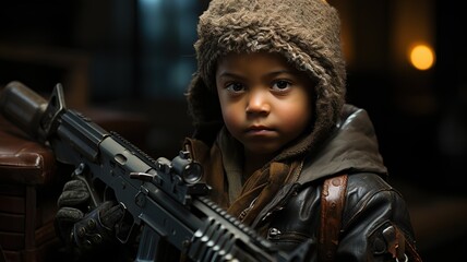 african-american guerrilla child. child dressed as a soldier with guns in his hand. child soldiers. generated with ia
