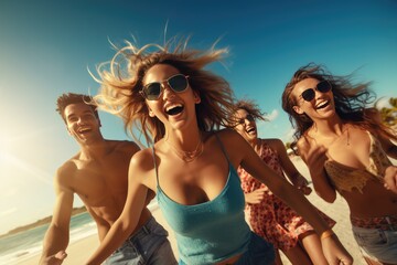 Un groupe d'amis, en vacances qui s'amusent et courent sur la plage