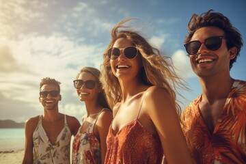 Un groupe d'amis en vacances, heureux, sur une plage