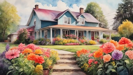 Fototapeta na wymiar A house in the middle of a garden of beautiful flowers