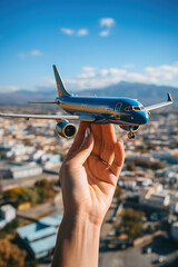 A hand holding a model of an airplane. Aerial view of city on background. - obrazy, fototapety, plakaty