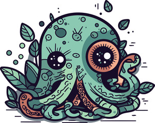 Cute octopus with green eyes and tentacles. Vector illustration.