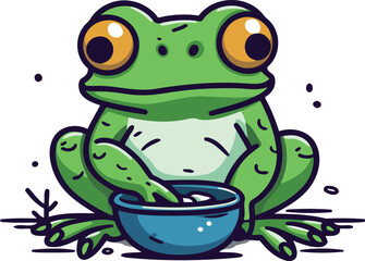 Frog eating from bowl. Cute cartoon character. Vector illustration.