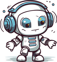 Cute cartoon robot with headphones. Vector illustration on white background.