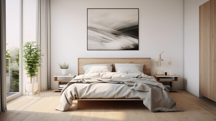 modern, Scandinavian style bedroom with art on the wall, minimalist hotel room in beautiful light colours