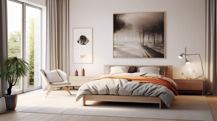 Fototapeta na wymiar modern, Scandinavian style bedroom with art on the wall, minimalist hotel room in beautiful light colours