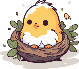 Cute little chicken in the nest. Vector illustration on white background.
