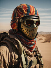 Portrait of a soldier. He is wearing colorful metal mask, sunglasses and helmet in the desert.