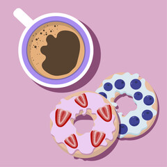 Vector illustration of a cup of coffee and donuts on a pink background