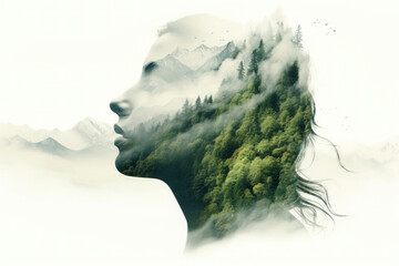 People and nature concept. Double exposure portrait of woman with green forest, creative artwork