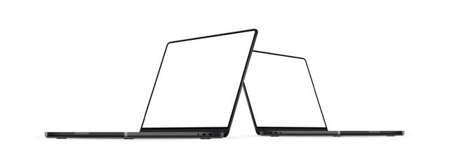 Two Modern Dark Laptops Mockups With Blank Screens Isolated On White Background, Perspective Side View. Vector Illustration - obrazy, fototapety, plakaty