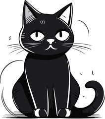 Cute cartoon black cat sitting on white background. Vector illustration.