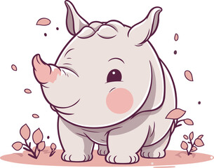 Cute cartoon rhinoceros. Vector illustration on white background.