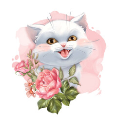 Cute white cat illustration. Kitten with pink rose flowers.
