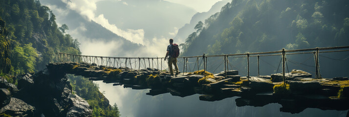 Two people standing on a suspension bridge in the mountains.