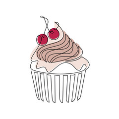Muffin cupcake cherry cake icon. Hand drawn vector. Dessert one line continuous drawing. Graphic illustration. Minimal design, print, banner, card, brochure, logo, sign, symbol, menu. 