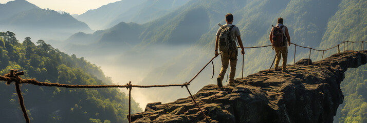 Two people walking on a suspension bridge in the mountains. - obrazy, fototapety, plakaty