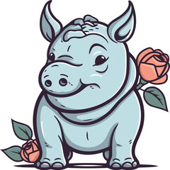 Fototapeta premium Cute rhinoceros with a flower. Vector illustration.