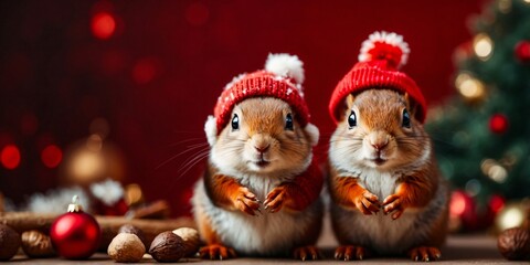  Two cute red squirrels posing on a red Christmas background wearing red Santa Claus hats. Conceptual digital painting illustration. Generative AI