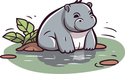 Cute hippopotamus on the bank of the river. Vector illustration