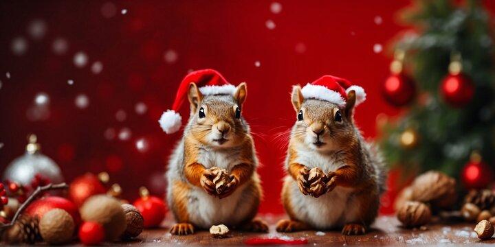 Two cute red squirrels posing on a red Christmas background wearing red Santa Claus hats holding walnut. Conceptual digital painting illustration. Generative AI
