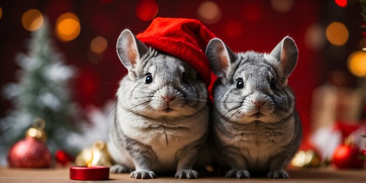 Two Cute two gray chinchillas posing on a red Christmas background wearing red Santa Claus hats. Conceptual digital painting illustration. Generative AI