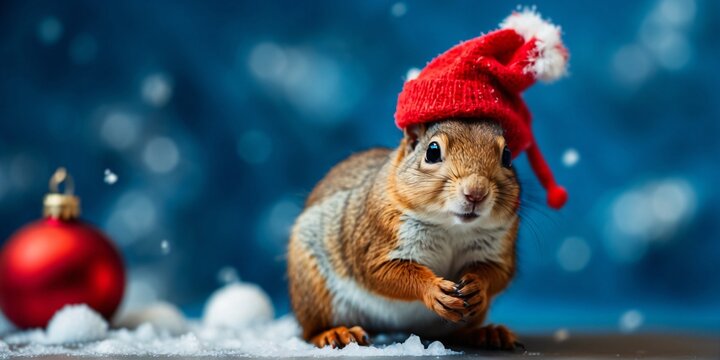 Cute red squirrels posing on a blue Christmas background wearing red Santa Claus hats. Conceptual digital painting illustration. Generative AI
