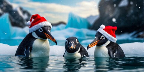 Funny penguins dressed in Christmas Santa hats relax in the waters of Antarctica. Holiday Concept. Digital painting illustration. Generative AI - obrazy, fototapety, plakaty