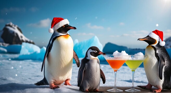 Funny penguins dressed in Christmas Santa hats relax in the waters of Antarctica with colorful drinks. Holiday Concept. Digital painting illustration. Generative AI