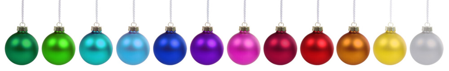 Christmas balls baubles ornament colorful decoration in a row isolated on white