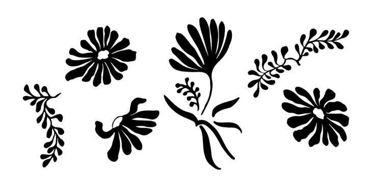 Set of botanical elements for pattern. black white modern drawings of various flowers, branches. Hand drawn ink sketches. Vector illustration isolated on white background.