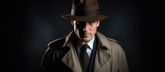 A person wearing the attire of an investigator resembling a private detective within the confines of a photographic space - obrazy, fototapety, plakaty