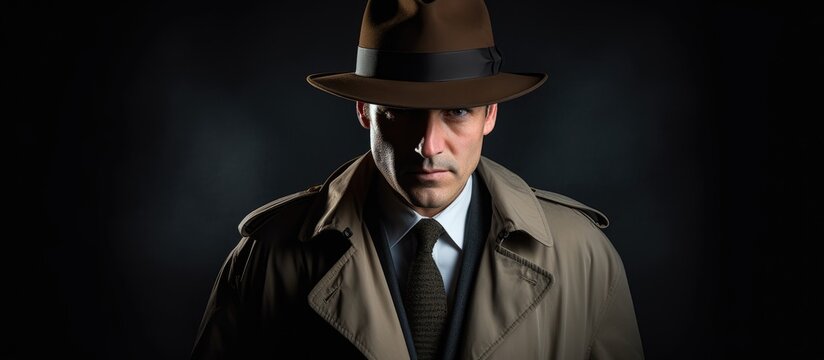 A person wearing the attire of an investigator resembling a private detective within the confines of a photographic space