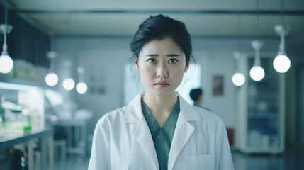 Confident Asian doctor with lab coat in clinical setting