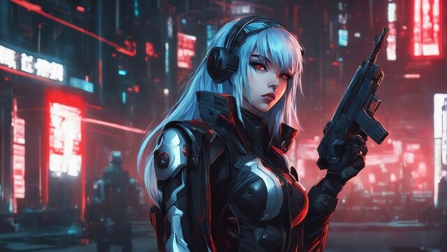 cartoon anime-inspired, anime         A cool anime girl with long blue hair and red cybernetic eyes, wearing a silver and black