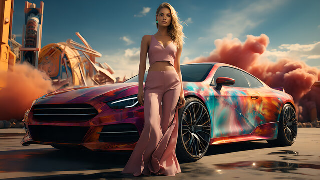 "Super-fast car illustration, woman posing next to a luxury car."