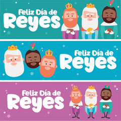 3 different banners. Happy epiphany written in spanish in three different colors.. Three funny wise men. Kings of orient on blue background..