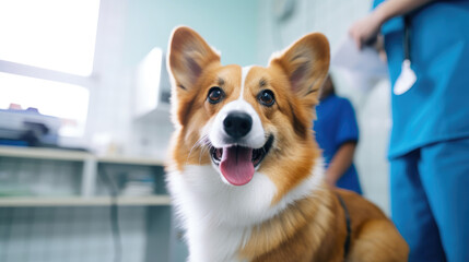 Photo of a corgi dog in a veterinary clinic - obrazy, fototapety, plakaty
