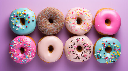 Colorful glazed donuts with sprinkles on pink background