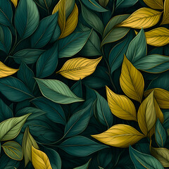 Seamless dark green and yellow leaves abstract textures pattern background