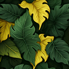 Seamless dark green and yellow leaves abstract textures pattern background