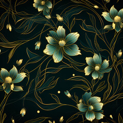 Seamless abstract pattern with golden flowers on dark background