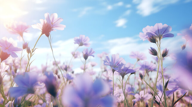 Beautiful flower background image in full bloom with blue sky in the spring field. AI generative.
