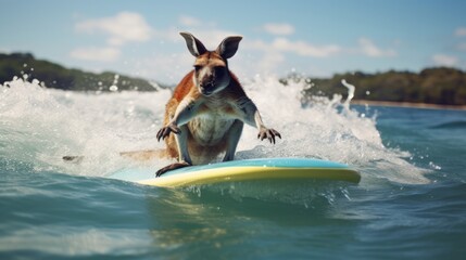 Kangaroo surfing on the board. Concept for Australia day