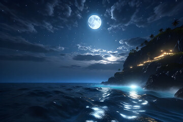 The sea at night with a full moon. Generative AI - obrazy, fototapety, plakaty