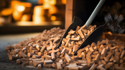 Une pelle avec des granulés de bois utilisés pour un poêle à bois.  - obrazy, fototapety, plakaty