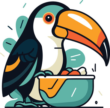 recommend clip art: Toucan with bowl of food. Vector illustration in flat style.