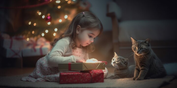 Cozy image capturing a tender moment between a child and her feline friend by the soft glow of a Christmas tree